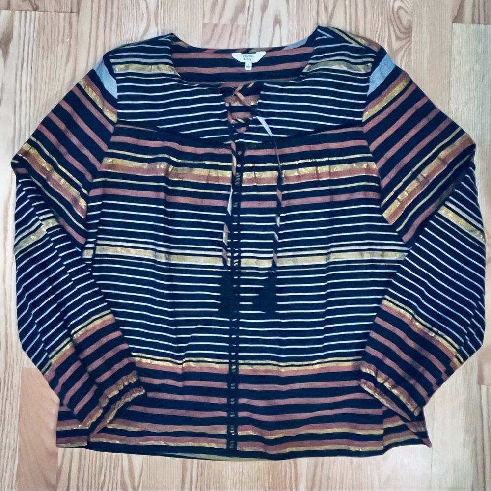 Crown & Ivy Long Sleeve Multicolor On Black Top With Tassels Size Large